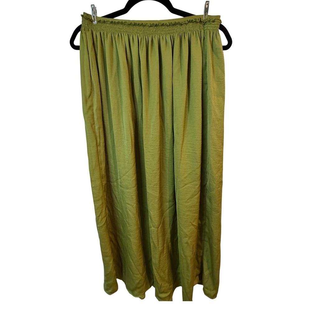 Tahari Womens Olive Green Smocked Waist Maxi Skirt Side Slits Ruffle Trim L Flow - Picture 4 of 11